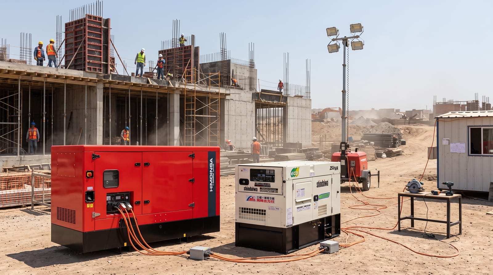 Generadores de 25 kVA (Himoinsa y Shindaiwa) dando energía en una obra — ADNR