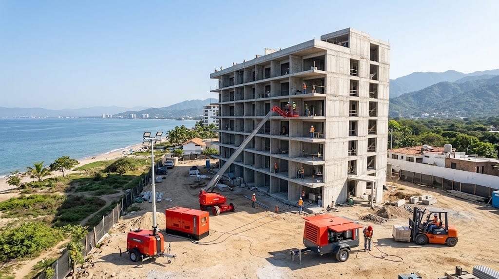 Hotel en construcción en la costa de Jalisco con equipo de renta de ADNR: torre de iluminación, generador, plataforma de elevación y montacargas